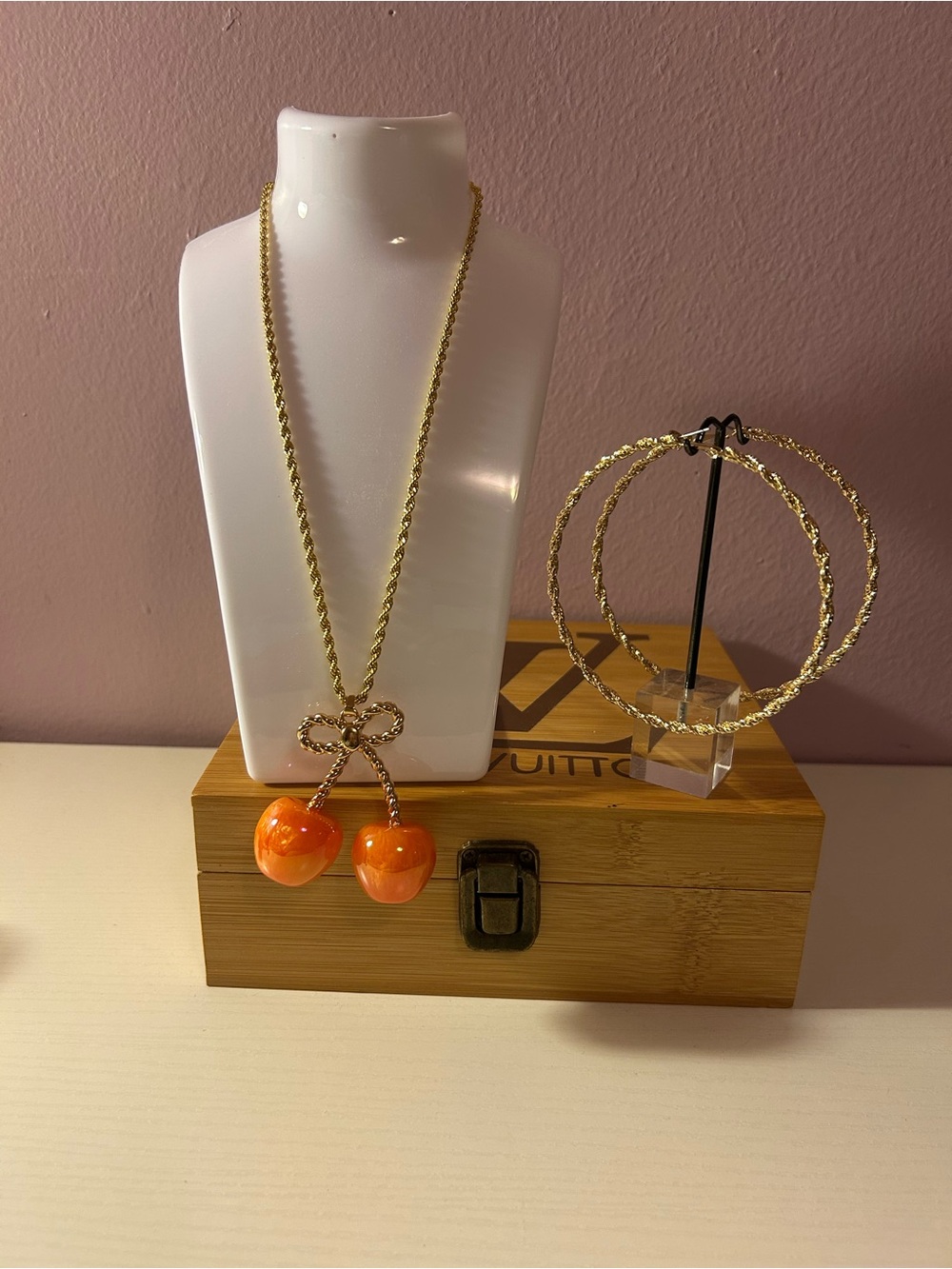 Gold Tone Necklace with Orange Cherry Pendants with Gold Hoop Earrings